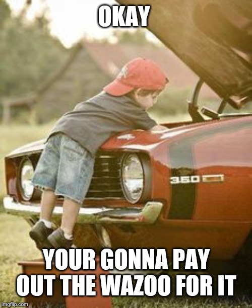 Baby mechanic | OKAY YOUR GONNA PAY OUT THE WAZOO FOR IT | image tagged in baby mechanic | made w/ Imgflip meme maker