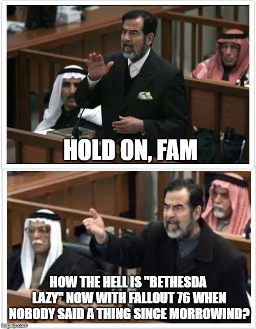 Saddam Hold on fam | HOLD ON, FAM; HOW THE HELL IS "BETHESDA LAZY" NOW WITH FALLOUT 76 WHEN NOBODY SAID A THING SINCE MORROWIND? | image tagged in saddam hold on fam | made w/ Imgflip meme maker