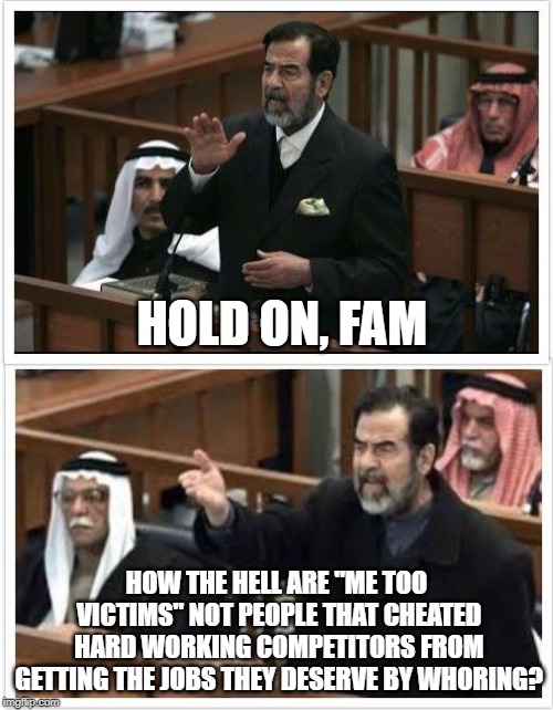 Saddam Hold on fam | HOLD ON, FAM; HOW THE HELL ARE "ME TOO VICTIMS" NOT PEOPLE THAT CHEATED HARD WORKING COMPETITORS FROM GETTING THE JOBS THEY DESERVE BY WHORING? | image tagged in saddam hold on fam | made w/ Imgflip meme maker