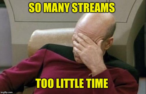 Captain Picard Facepalm Meme | SO MANY STREAMS TOO LITTLE TIME | image tagged in memes,captain picard facepalm | made w/ Imgflip meme maker
