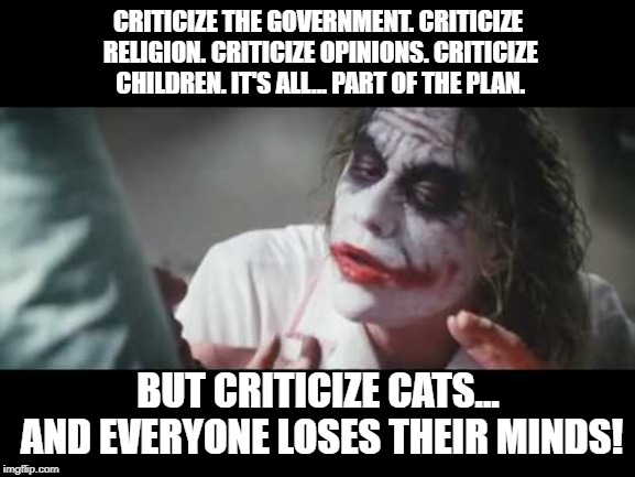 Joker - All part of the plan | CRITICIZE THE GOVERNMENT. CRITICIZE RELIGION. CRITICIZE OPINIONS. CRITICIZE CHILDREN. IT'S ALL... PART OF THE PLAN. BUT CRITICIZE CATS... AND EVERYONE LOSES THEIR MINDS! | image tagged in joker - all part of the plan,cats,criticism | made w/ Imgflip meme maker