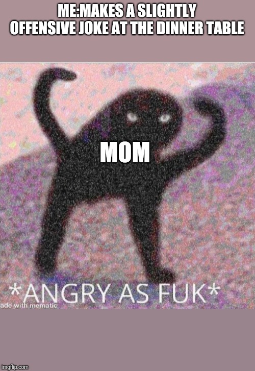 ANGRY AS FUK | ME:MAKES A SLIGHTLY OFFENSIVE JOKE AT THE DINNER TABLE; MOM | image tagged in angry as fuk,memes,funny,mom,dank,upvotes | made w/ Imgflip meme maker