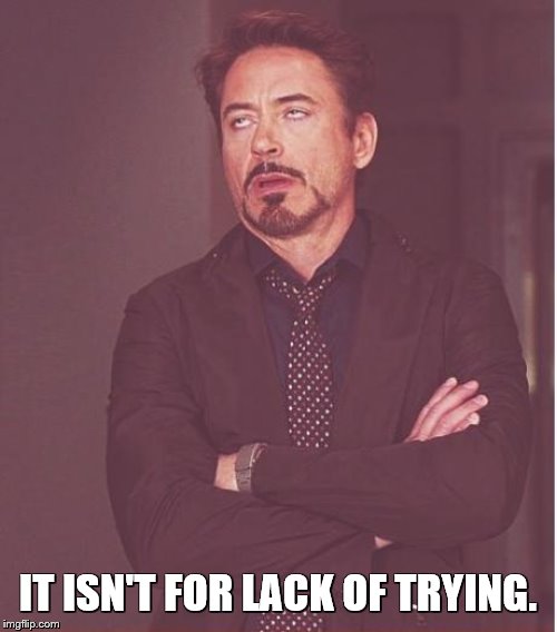 Face You Make Robert Downey Jr Meme | IT ISN'T FOR LACK OF TRYING. | image tagged in memes,face you make robert downey jr | made w/ Imgflip meme maker