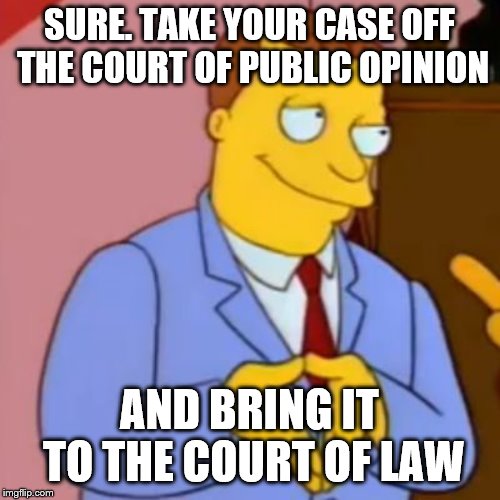 lionel hutz lawyer simpsons | SURE. TAKE YOUR CASE OFF THE COURT OF PUBLIC OPINION AND BRING IT TO THE COURT OF LAW | image tagged in lionel hutz lawyer simpsons | made w/ Imgflip meme maker