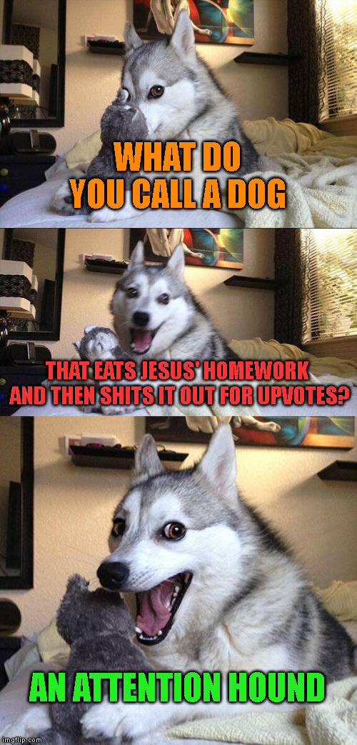 The past 2,000 years in a nutshell | WHAT DO YOU CALL A DOG; THAT EATS JESUS' HOMEWORK AND THEN SHITS IT OUT FOR UPVOTES? AN ATTENTION HOUND | image tagged in memes,bad pun dog,jesus christ | made w/ Imgflip meme maker