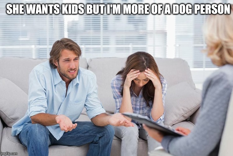 couples therapy | SHE WANTS KIDS BUT I'M MORE OF A DOG PERSON | image tagged in couples therapy | made w/ Imgflip meme maker