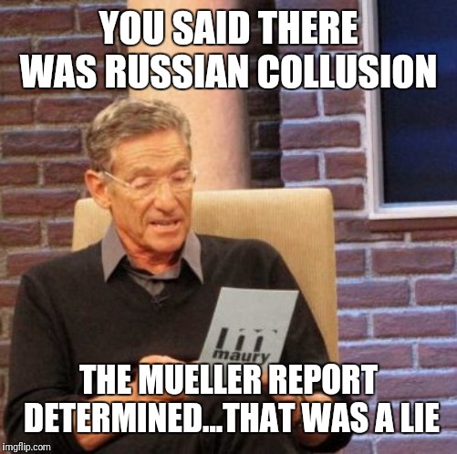 Maury Lie Detector | YOU SAID THERE WAS RUSSIAN COLLUSION; THE MUELLER REPORT DETERMINED...THAT WAS A LIE | image tagged in memes,maury lie detector | made w/ Imgflip meme maker