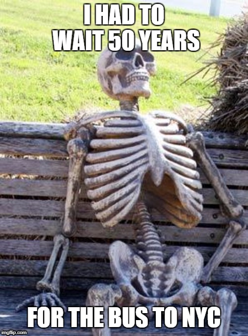 Waiting Skeleton Meme | I HAD TO WAIT 50 YEARS; FOR THE BUS TO NYC | image tagged in memes,waiting skeleton | made w/ Imgflip meme maker