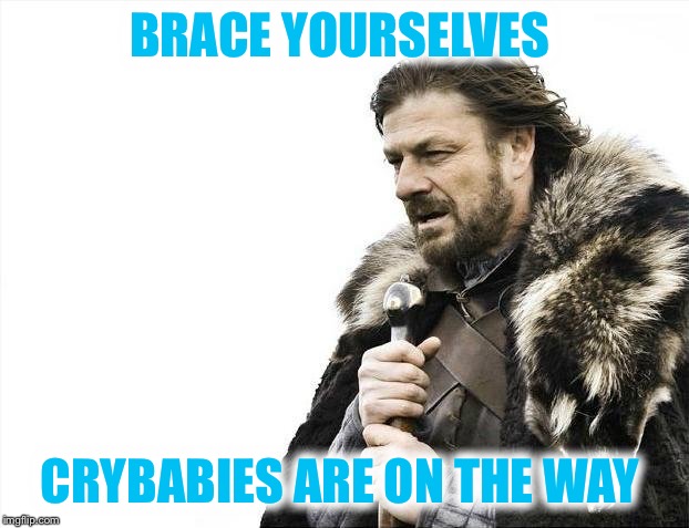 Brace Yourselves X is Coming Meme | BRACE YOURSELVES CRYBABIES ARE ON THE WAY | image tagged in memes,brace yourselves x is coming | made w/ Imgflip meme maker