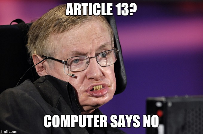Hawking against Article 13 | ARTICLE 13? COMPUTER SAYS NO | image tagged in stephen hawking | made w/ Imgflip meme maker