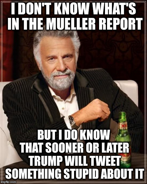 So far they're making him sit on his hands | I DON'T KNOW WHAT'S IN THE MUELLER REPORT; BUT I DO KNOW THAT SOONER OR LATER TRUMP WILL TWEET SOMETHING STUPID ABOUT IT | image tagged in the most interesting man in the world,trump,humor,mueller report,trump tweeting | made w/ Imgflip meme maker