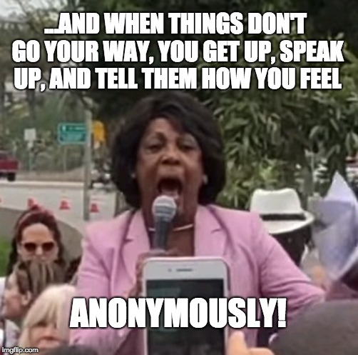 Don't want to show anyone I'm hurting deep inside... | ...AND WHEN THINGS DON'T GO YOUR WAY, YOU GET UP, SPEAK UP, AND TELL THEM HOW YOU FEEL; ANONYMOUSLY! | image tagged in maxine waters | made w/ Imgflip meme maker