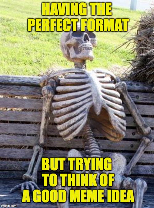 Waiting Skeleton Meme | HAVING THE PERFECT FORMAT BUT TRYING TO THINK OF A GOOD MEME IDEA | image tagged in memes,waiting skeleton | made w/ Imgflip meme maker