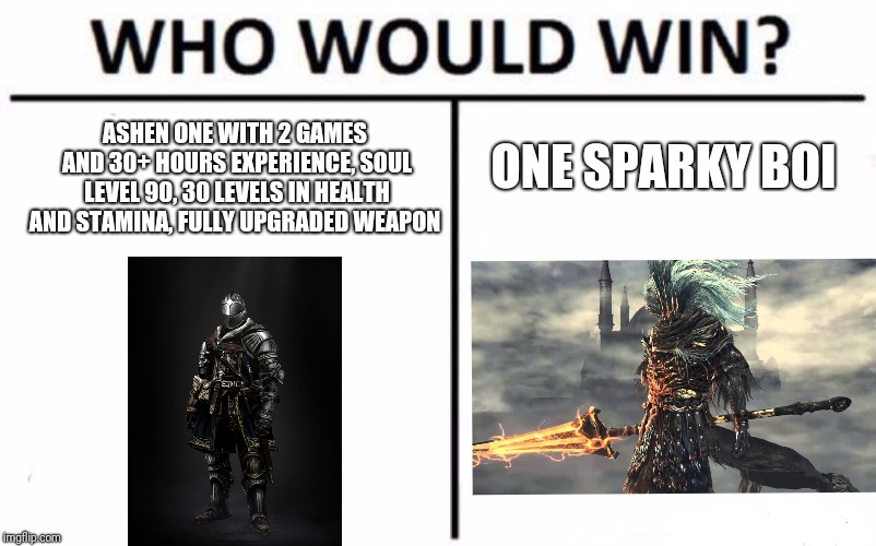 Who Would Win? Meme | ASHEN ONE WITH 2 GAMES AND 30+ HOURS EXPERIENCE, SOUL LEVEL 90, 30 LEVELS IN HEALTH AND STAMINA, FULLY UPGRADED WEAPON; ONE SPARKY BOI | image tagged in memes,who would win | made w/ Imgflip meme maker