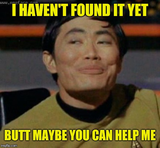 sulu | I HAVEN'T FOUND IT YET BUTT MAYBE YOU CAN HELP ME | image tagged in sulu | made w/ Imgflip meme maker