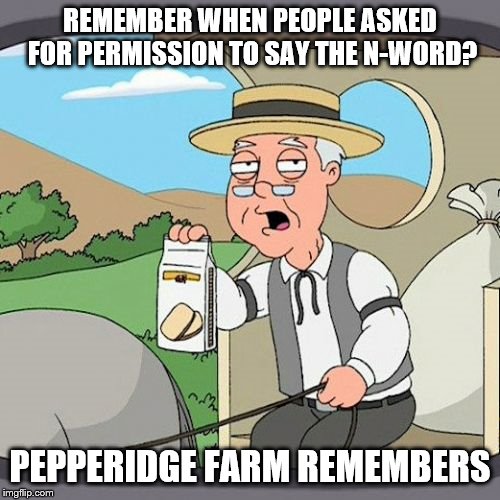 Pepperidge Farm Remembers Meme | REMEMBER WHEN PEOPLE ASKED FOR PERMISSION TO SAY THE N-WORD? PEPPERIDGE FARM REMEMBERS | image tagged in memes,pepperidge farm remembers | made w/ Imgflip meme maker
