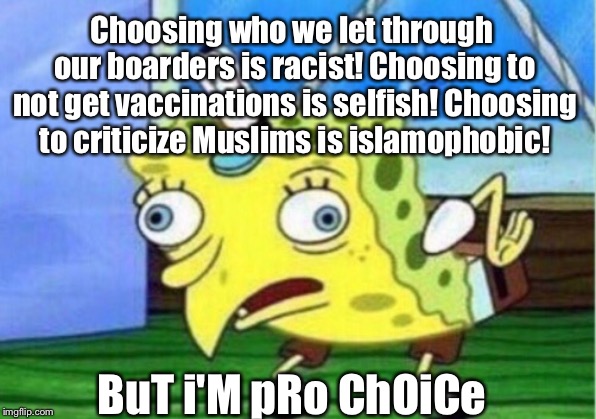 Mocking Spongebob | Choosing who we let through our boarders is racist! Choosing to not get vaccinations is selfish! Choosing to criticize Muslims is islamophobic! BuT i'M pRo ChOiCe | image tagged in memes,mocking spongebob | made w/ Imgflip meme maker