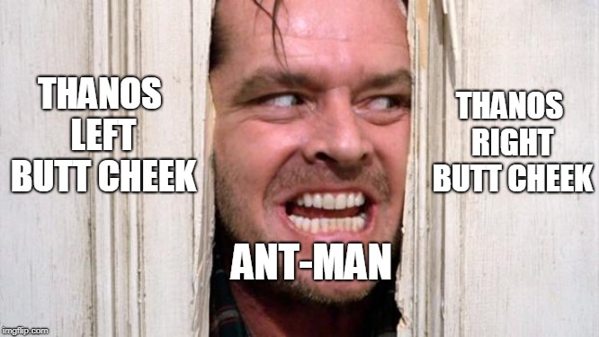 Here's ant-man! | THANOS LEFT BUTT CHEEK; THANOS RIGHT BUTT CHEEK; ANT-MAN | image tagged in the shining,antman,thanos | made w/ Imgflip meme maker