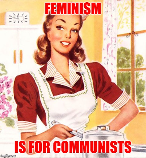 50s Housewife | FEMINISM; IS FOR COMMUNISTS | image tagged in 50s housewife | made w/ Imgflip meme maker