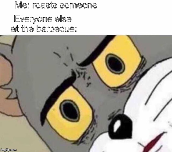 Tom Cat Unsettled Close up | Me: roasts someone; Everyone else at the barbecue: | image tagged in tom cat unsettled close up | made w/ Imgflip meme maker