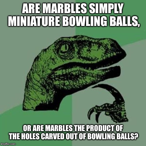 raptor | ARE MARBLES SIMPLY MINIATURE BOWLING BALLS, OR ARE MARBLES THE PRODUCT OF THE HOLES CARVED OUT OF BOWLING BALLS? | image tagged in raptor | made w/ Imgflip meme maker