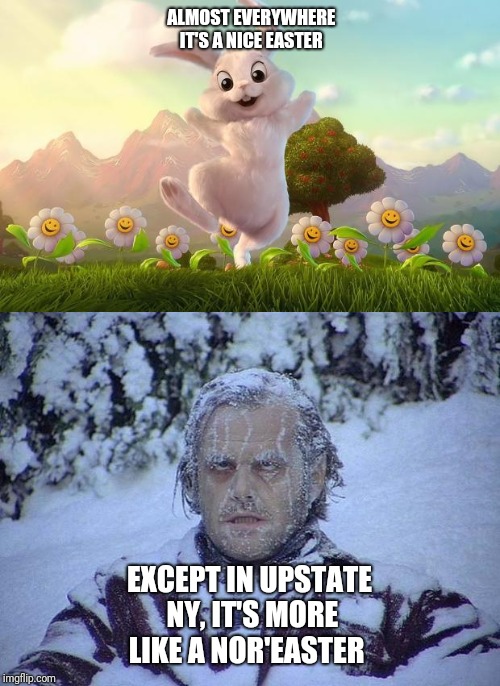 ALMOST EVERYWHERE IT'S A NICE EASTER; EXCEPT IN UPSTATE NY, IT'S MORE LIKE A NOR'EASTER | image tagged in memes,jack nicholson the shining snow,easter-bunny defense | made w/ Imgflip meme maker