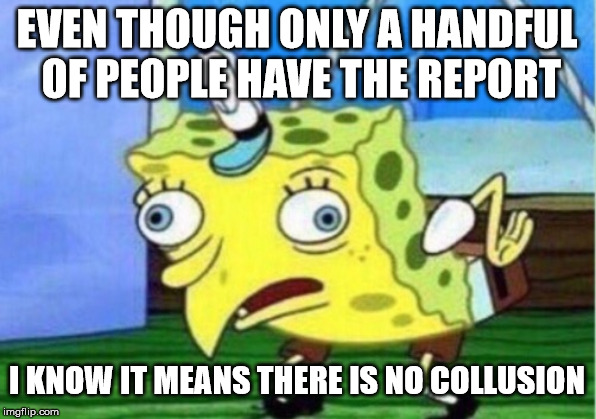 Mocking Spongebob Meme | EVEN THOUGH ONLY A HANDFUL OF PEOPLE HAVE THE REPORT I KNOW IT MEANS THERE IS NO COLLUSION | image tagged in memes,mocking spongebob | made w/ Imgflip meme maker