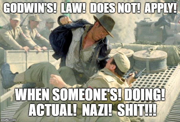 NAZI KILLING | GODWIN'S!  LAW!  DOES NOT!  APPLY! WHEN SOMEONE'S! DOING!  ACTUAL!  NAZI!  SHIT!!! | image tagged in nazi killing | made w/ Imgflip meme maker