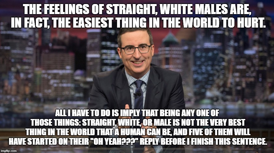 John Oliver Simile | THE FEELINGS OF STRAIGHT, WHITE MALES ARE, IN FACT, THE EASIEST THING IN THE WORLD TO HURT. ALL I HAVE TO DO IS IMPLY THAT BEING ANY ONE OF THOSE THINGS: STRAIGHT, WHITE, OR MALE IS NOT THE VERY BEST THING IN THE WORLD THAT A HUMAN CAN BE, AND FIVE OF THEM WILL HAVE STARTED ON THEIR "OH YEAH???" REPLY BEFORE I FINISH THIS SENTENCE. | image tagged in john oliver simile | made w/ Imgflip meme maker