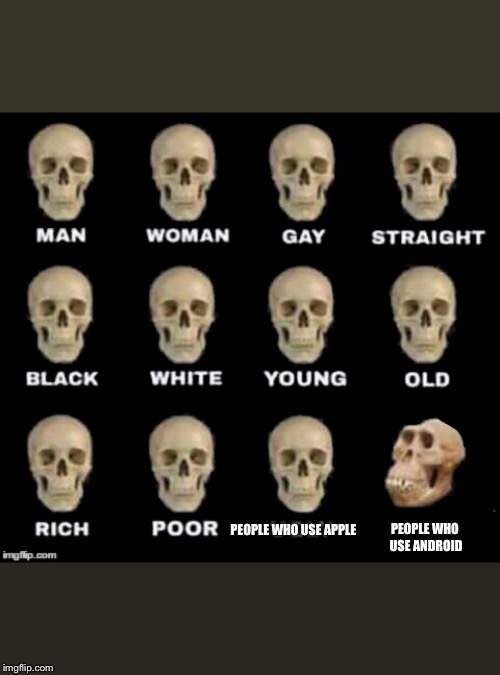 idiot skull | PEOPLE WHO USE ANDROID; PEOPLE WHO USE APPLE | image tagged in idiot skull | made w/ Imgflip meme maker