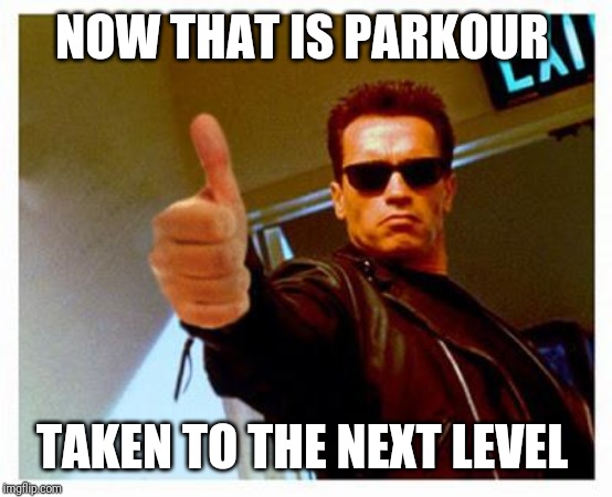 terminator thumbs up | NOW THAT IS PARKOUR TAKEN TO THE NEXT LEVEL | image tagged in terminator thumbs up | made w/ Imgflip meme maker