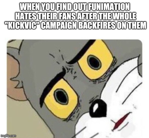 Shocked Tom | WHEN YOU FIND OUT FUNIMATION HATES THEIR FANS AFTER THE WHOLE "KICKVIC" CAMPAIGN BACKFIRES ON THEM | image tagged in shocked tom | made w/ Imgflip meme maker