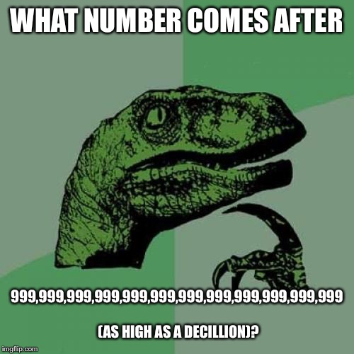 Philosoraptor Meme | WHAT NUMBER COMES AFTER; 999,999,999,999,999,999,999,999,999,999,999,999 (AS HIGH AS A DECILLION)? | image tagged in memes,philosoraptor | made w/ Imgflip meme maker