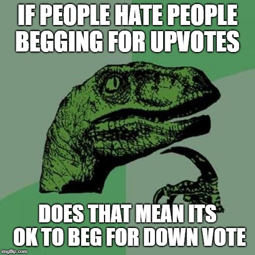 Philosoraptor Meme | IF PEOPLE HATE PEOPLE BEGGING FOR UPVOTES; DOES THAT MEAN ITS OK TO BEG FOR DOWN VOTE | image tagged in memes,philosoraptor,ssby | made w/ Imgflip meme maker