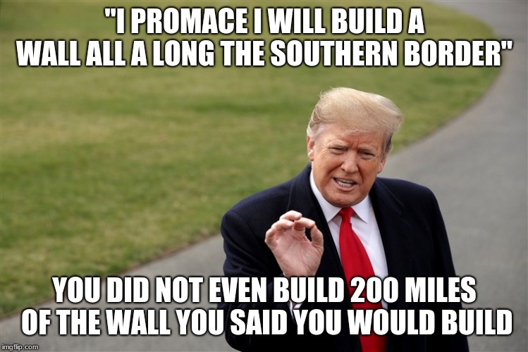 WALL HE DID NOT BUILD | "I PROMACE I WILL BUILD A WALL ALL A LONG THE SOUTHERN BORDER"; YOU DID NOT EVEN BUILD 200 MILES OF THE WALL YOU SAID YOU WOULD BUILD | image tagged in trump | made w/ Imgflip meme maker