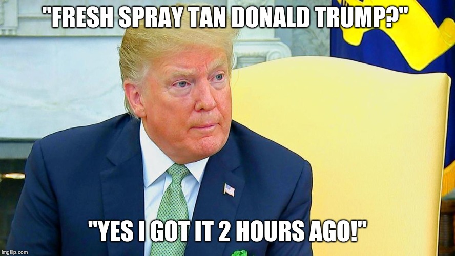 tanning with trump | "FRESH SPRAY TAN DONALD TRUMP?"; "YES I GOT IT 2 HOURS AGO!" | image tagged in funny memes | made w/ Imgflip meme maker