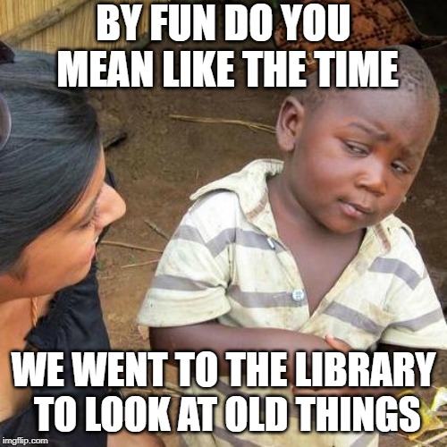 Third World Skeptical Kid Meme | BY FUN DO YOU MEAN LIKE THE TIME; WE WENT TO THE LIBRARY TO LOOK AT OLD THINGS | image tagged in memes,third world skeptical kid | made w/ Imgflip meme maker