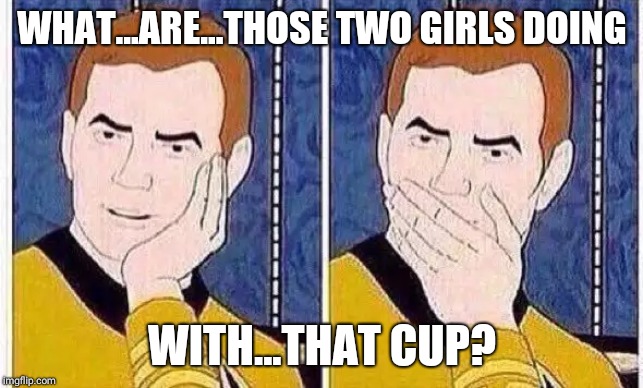 star trek tas | WHAT...ARE...THOSE TWO GIRLS DOING; WITH...THAT CUP? | image tagged in star trek tas | made w/ Imgflip meme maker