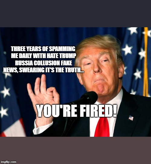 Okay... That's Enough From You | THREE YEARS OF SPAMMING ME DAILY WITH HATE TRUMP RUSSIA COLLUSION FAKE NEWS, SWEARING IT'S THE TRUTH... YOU'RE FIRED! | image tagged in memes,trump russia collusion,my facebook friend,maga,trump 2020,fake news | made w/ Imgflip meme maker