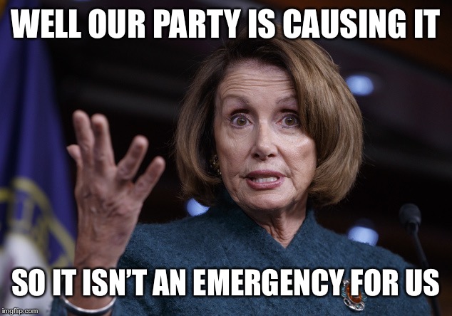 Good old Nancy Pelosi | WELL OUR PARTY IS CAUSING IT SO IT ISN’T AN EMERGENCY FOR US | image tagged in good old nancy pelosi | made w/ Imgflip meme maker
