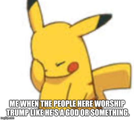 He may not be Hitler, but he sure as hell isn't Jesus! | ME WHEN THE PEOPLE HERE WORSHIP TRUMP LIKE HE'S A GOD OR SOMETHING. | image tagged in pikachu facepalm,donald trump,tired | made w/ Imgflip meme maker
