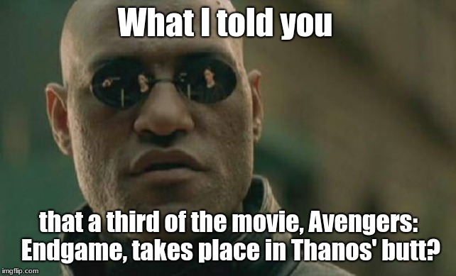 If Thanos is as powerful as he is in the comics, then he would have a dynamic bootyhole.   | What I told you; that a third of the movie, Avengers: Endgame, takes place in Thanos' butt? | image tagged in memes,matrix morpheus,avengers,avengers infinity war,thanos | made w/ Imgflip meme maker