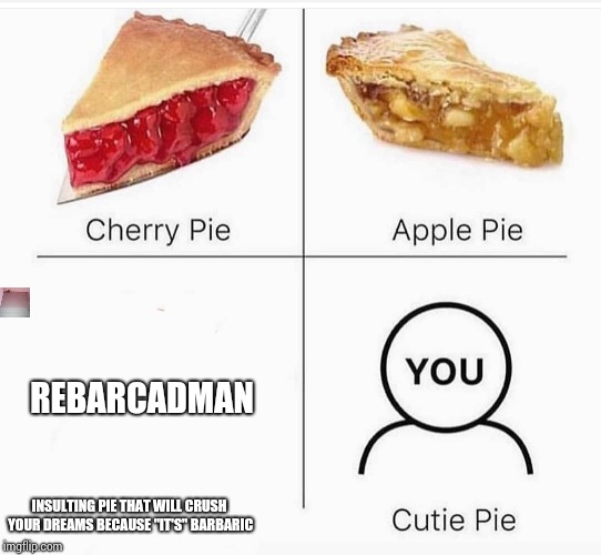 Pie meme | REBARCADMAN; INSULTING PIE THAT WILL CRUSH YOUR DREAMS BECAUSE "IT'S" BARBARIC | image tagged in pie meme | made w/ Imgflip meme maker