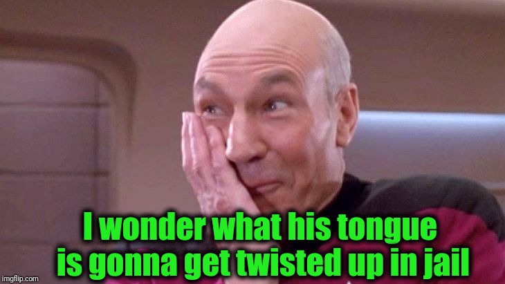 picard grin | I wonder what his tongue is gonna get twisted up in jail | image tagged in picard grin | made w/ Imgflip meme maker