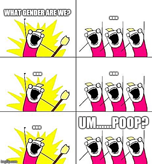 What Do We Want 3 Meme | WHAT GENDER ARE WE? ... ... ... ... UM......POOP? | image tagged in memes,what do we want 3 | made w/ Imgflip meme maker