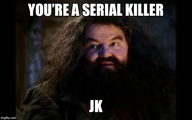 hagrid yer a wizard | YOU’RE A SERIAL KILLER JK | image tagged in hagrid yer a wizard | made w/ Imgflip meme maker