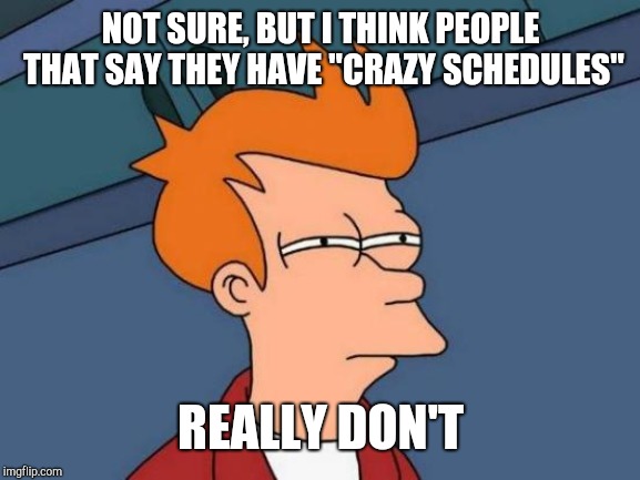 Futurama Fry Meme | NOT SURE, BUT I THINK PEOPLE THAT SAY THEY HAVE "CRAZY SCHEDULES" REALLY DON'T | image tagged in memes,futurama fry | made w/ Imgflip meme maker