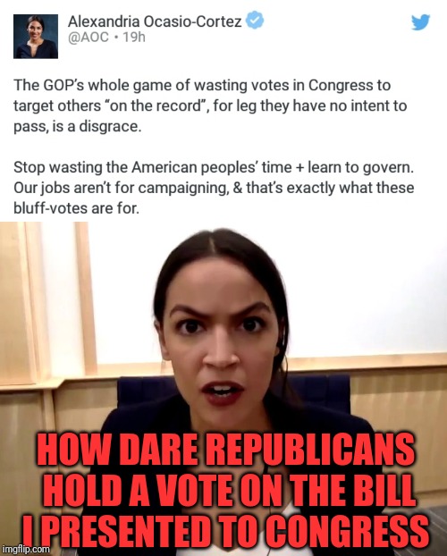 Cortez may have reached the bottom of Idiot Ocean... | HOW DARE REPUBLICANS HOLD A VOTE ON THE BILL I PRESENTED TO CONGRESS | image tagged in politics,memes,democrats,alexandria ocasio-cortez,idiot | made w/ Imgflip meme maker