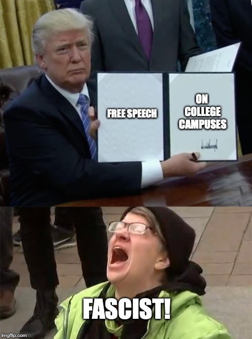 I can't wait to see the look's on their faces! | ON COLLEGE CAMPUSES; FREE SPEECH; FASCIST! | image tagged in memes,trump bill signing,funny,college,free speech,liberals | made w/ Imgflip meme maker