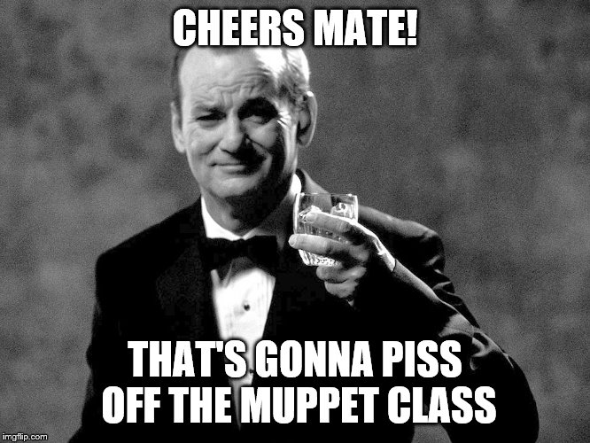 Bill Murray well played sir | CHEERS MATE! THAT'S GONNA PISS OFF THE MUPPET CLASS | image tagged in bill murray well played sir | made w/ Imgflip meme maker
